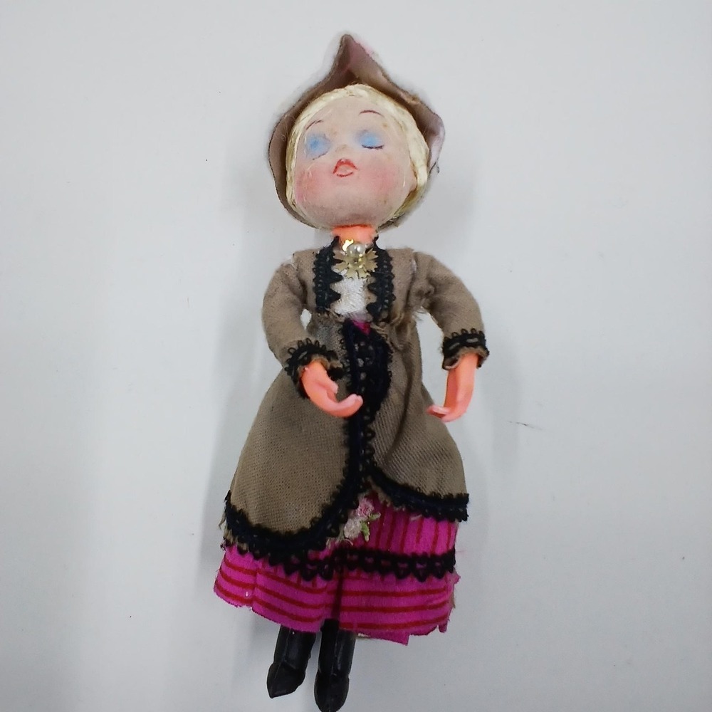 Handmade Cloth Girl Doll Brown Coat Pink Skirt‎ Hat Miniature Figure Decor